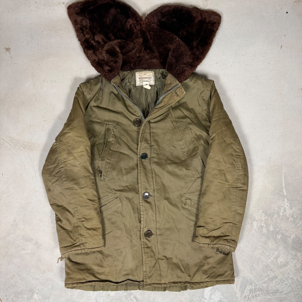 vtg 60s Windward Montgomery Ward Commando Cloth Parka Olive Drab faux Fur Hood L